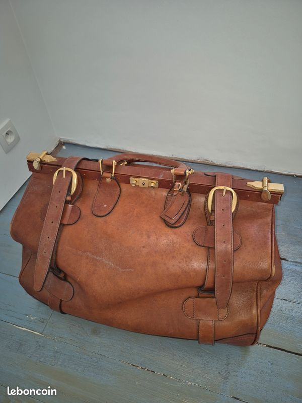 ANCIENNE VALISE DE voyage en cuir vintage intérieur cloisons en cartons