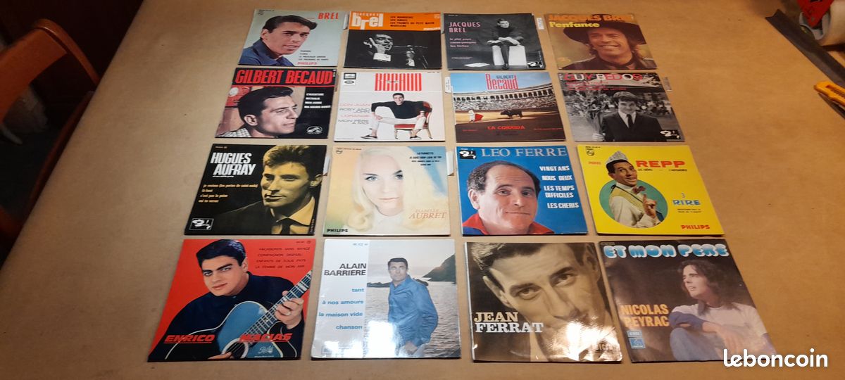 Lot disques vinyles 45T 17cm Variété française Gilbert Becaud Jacques Brel Hugues Aufray Leo Ferre Isabelle Aubret Nicolas Peyrac Jean Ferrat Alain Barriere Enrico Macias Guy Bedos Pierre Repp (image 1)