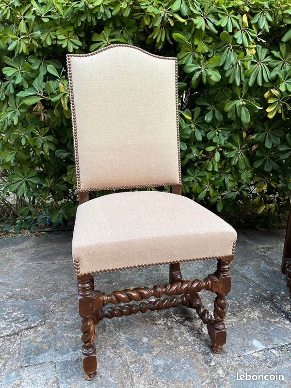Lot 4 chaises style Louis XIII (torsadées), noyer et lin clouté (image 3)