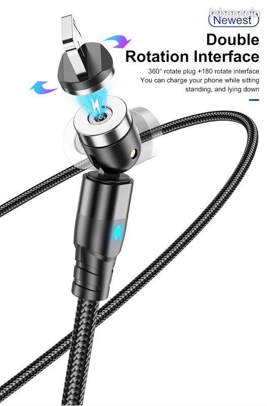 Câble USB 1m magnétique articulé 360° + 180° type-C pour charger samsung Xiaomi avec embout pivotant (image 1)