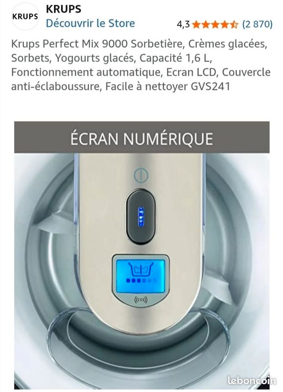 Sorbetière Krups Perfect Mix 9000 - 1.6L, Glaces Et Sorbets Maison, Ecran LCD, Facile à Nettoyer