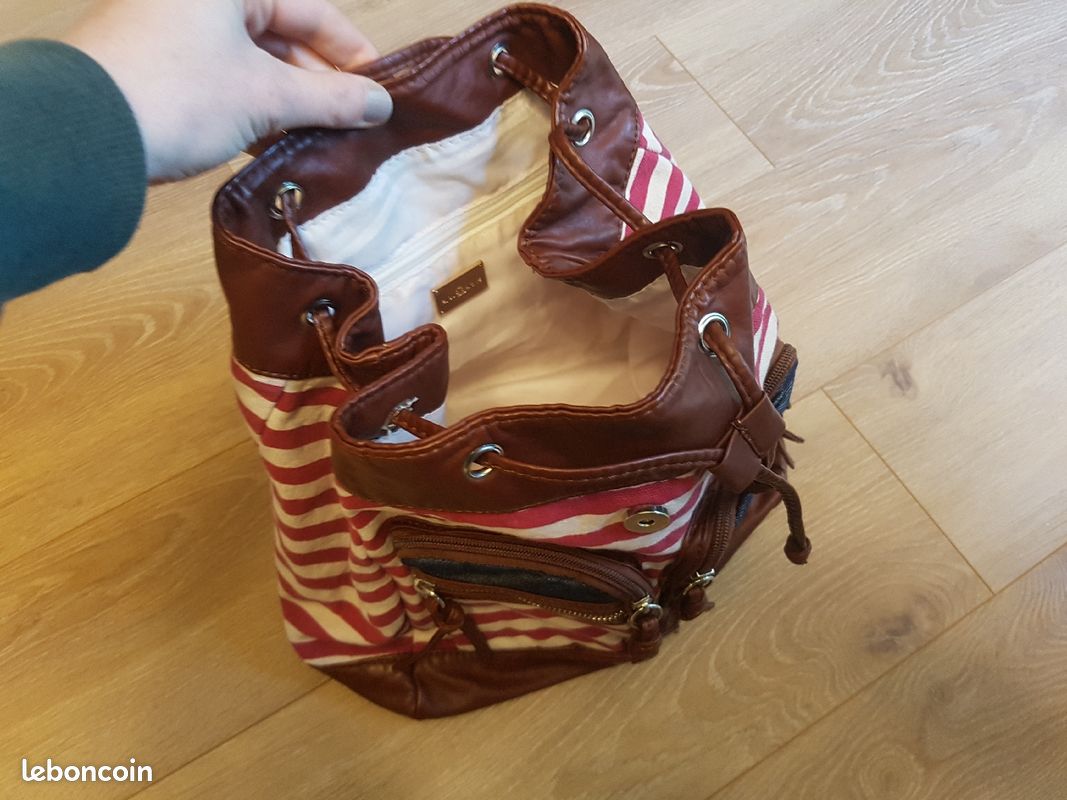 Sac rayé en cuir et tissu (image 3)