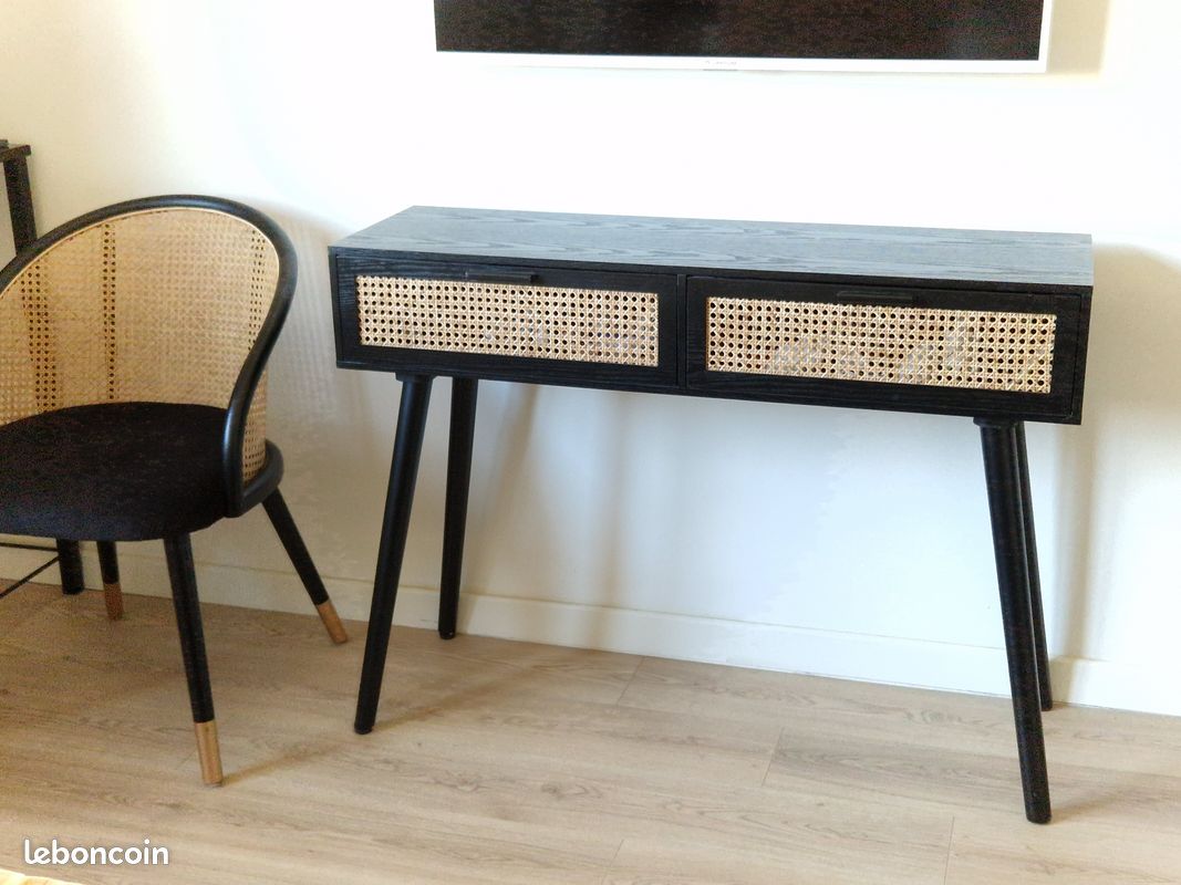 Console noire en bois et cannage 2 tiroirs (image 3)