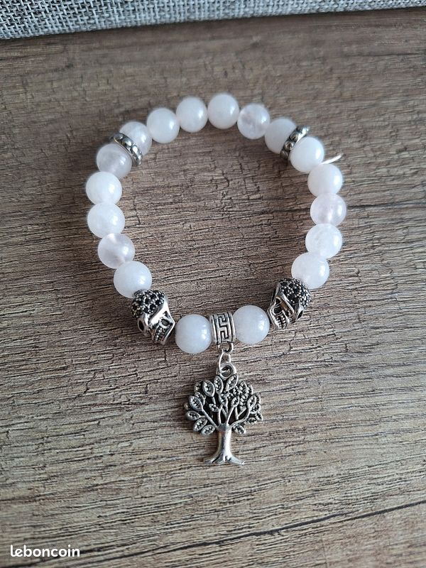 Bracelet élastique, perles roses, arbre de vie et crâne argenté. Fait main (image 2)