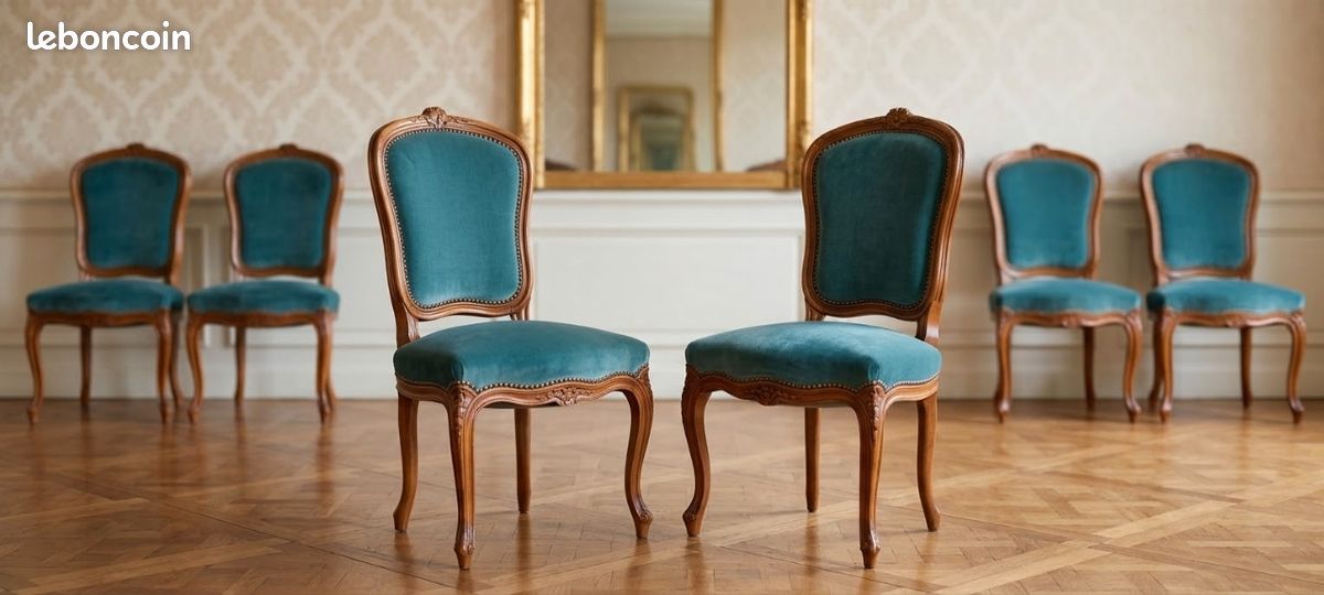 ​Lot de 6 Chaises / Fauteuils Volants Style Louis XV - Bois Sculpté & Velours Bleu Canard (image 1)