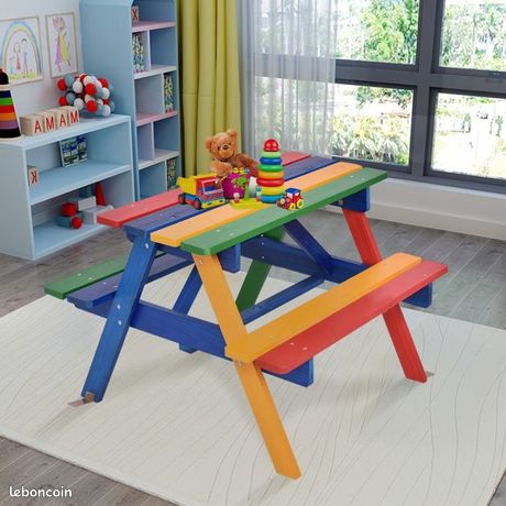 Ensemble Table + 2 Bancs + Parasol Enfant Jardin Relaxdays – Bois Coloré, Table De Jeux Avec Bacs à Sable, Capacité 100 Kg