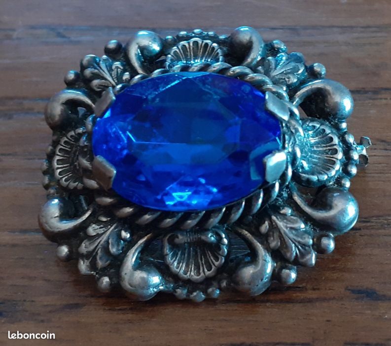 Broche Ancienne Avec Pierres Bleues - Bijou Vintage Occasion - Superbe État