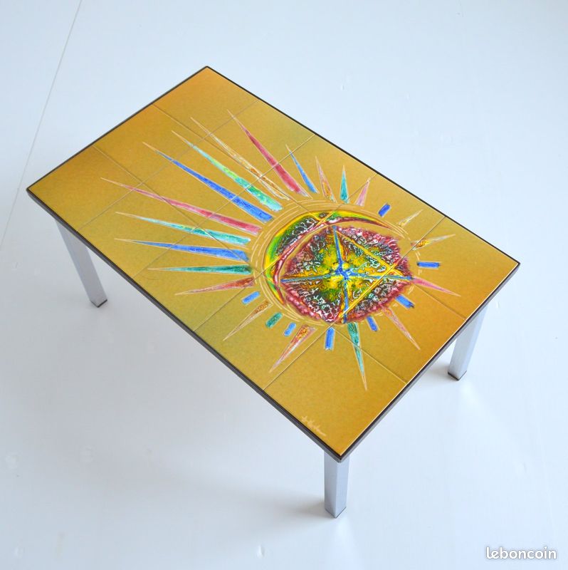 Table basse / Bout de canapé / céramique peinte à la main / Décor soleil vintage années 60 (image 5)