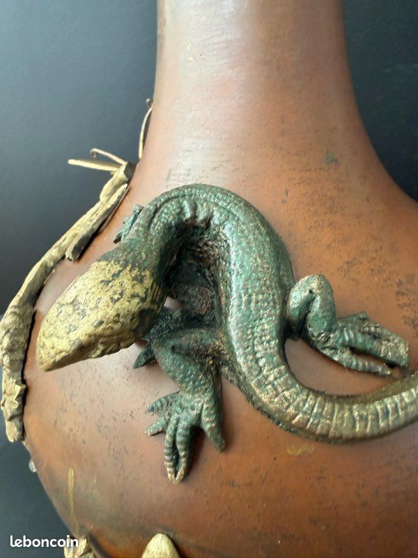 RARE Antique Napoleon III Japonisme Vases Pair Bronze Lizards Papillon France (image 5)