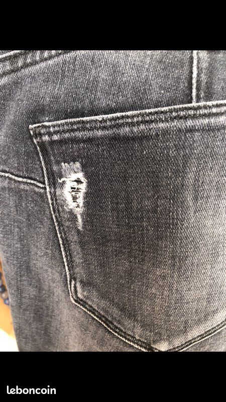 Jean GUESS Taille 27 (36/38) Rayé Marine Coutures Jaunes - Occasion Quasi Neuf, Coupe Skinny