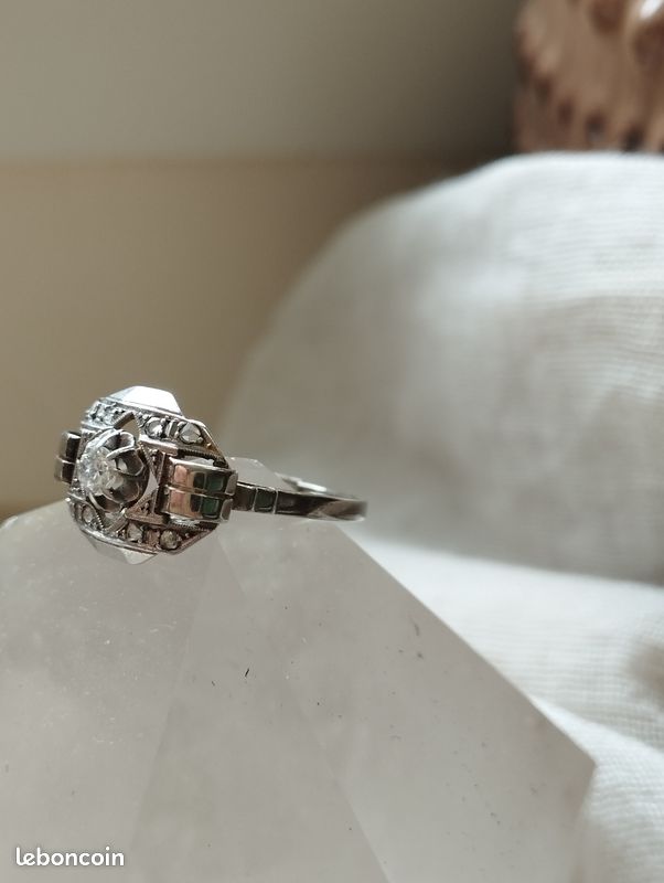 Bague Art Déco Or Blanc 18k Avec Diamants - Style Géométrique Vintage Années 1930