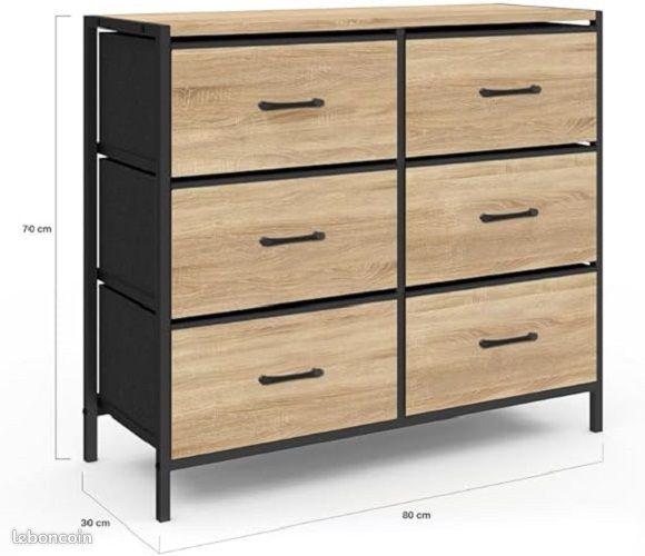 Commode 6 Tiroirs Style Industriel – Meuble de Rangement Bi-Matière – Structure Métal & Tiroirs Tissu Effet Bois – 80 x 30 cm (image 2)