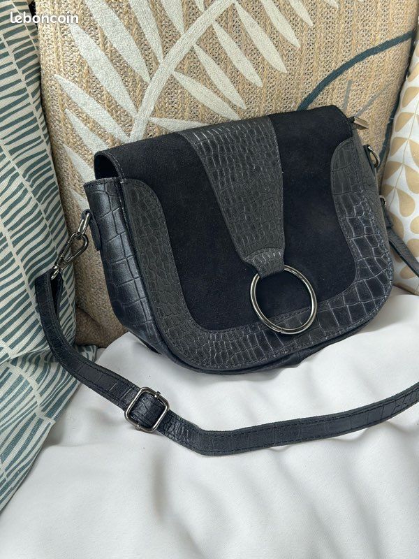 Sac bandoulière cuir et daim effet croco noir Vera Pelle – fabriqué en Italie (image 2)