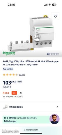 A9Q14440 - Acti9 Vigi Ic60 - Bloc Diff - 4p 40a 300ma - 230vca à 400vca - Type Ac - Schneider