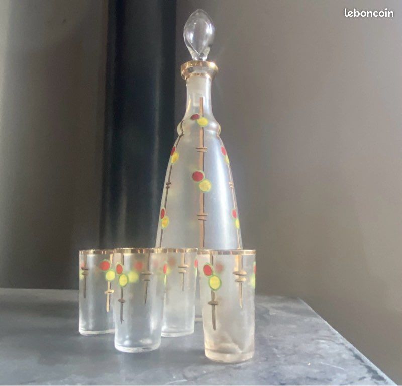 Carafe emaillee verre irise epoque art nouveau + 4 verres (image 4)