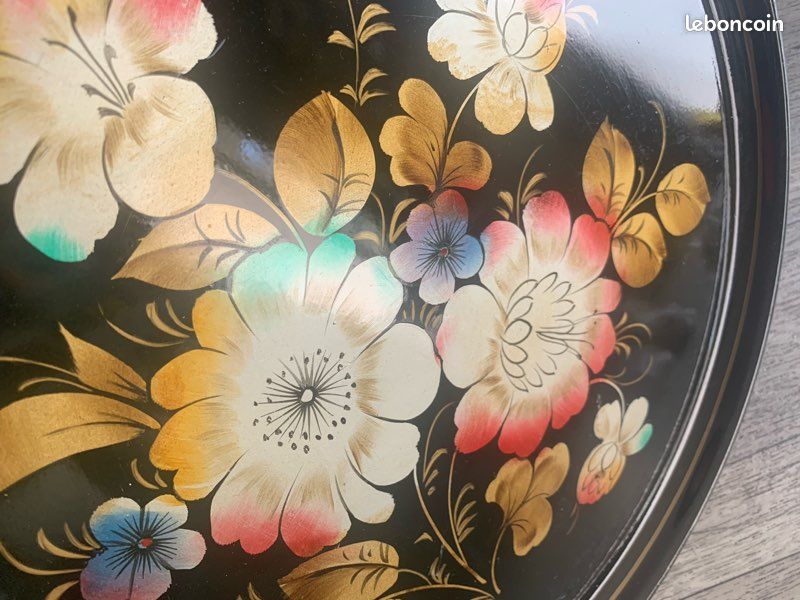 Plateau Jostovo Vintage Peint à La Main, Motif Floral, Métal