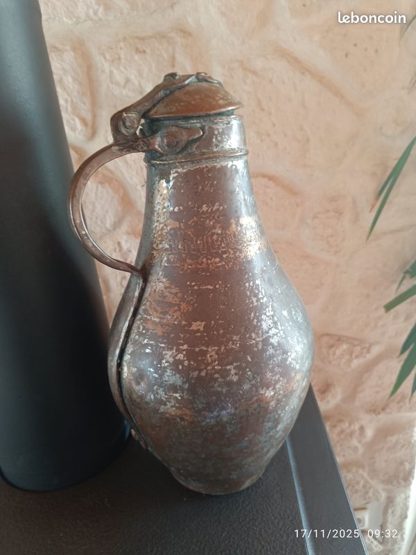Grande aiguière ancienne en cuivre & argenture – 47 cm – pièce orientale XIXe – très décorative (image 2)