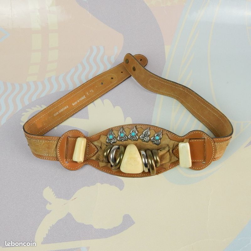 Ceinture vintage western boho turquoise ivory cuir marron 75 leather belt brown (image 1)