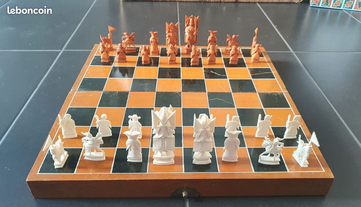 Jeu D'échecs Ancien Hong Kong En Os, échiquier XL, Pièces Marron