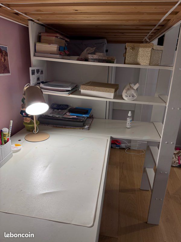 Lit mezzanine avec bureau (+ armoire avec miroir + meuble rangement sous le bureau) (image 3)