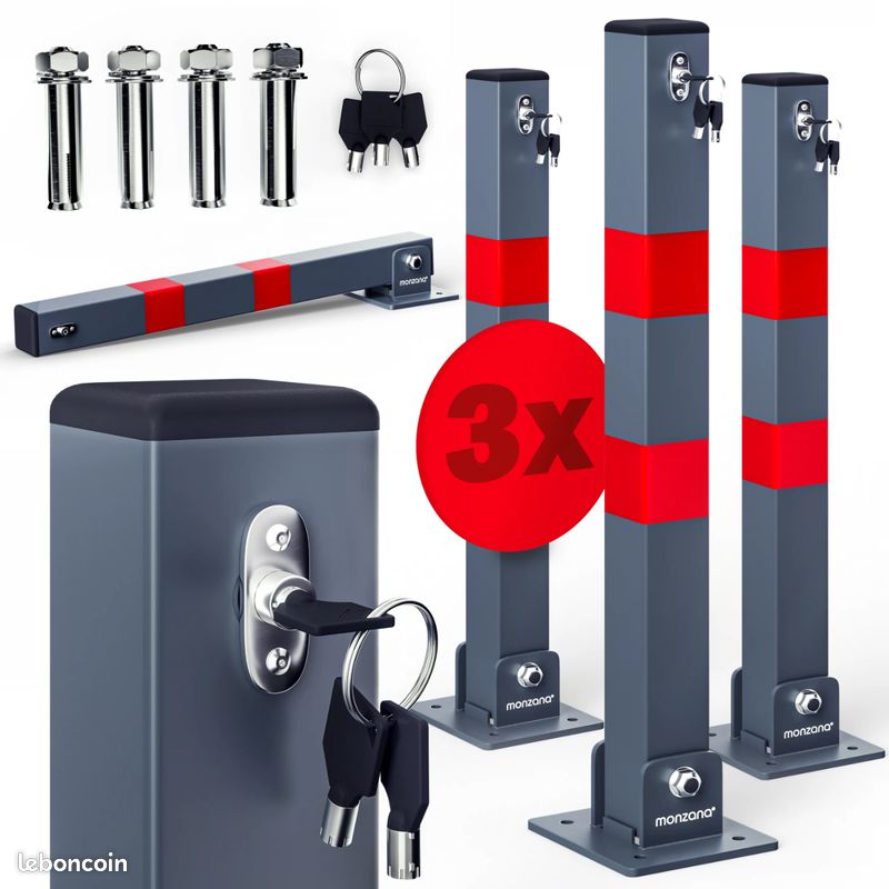Lot de 3 poteaux de parking verrouillables - Acier galvanisé (image 1)