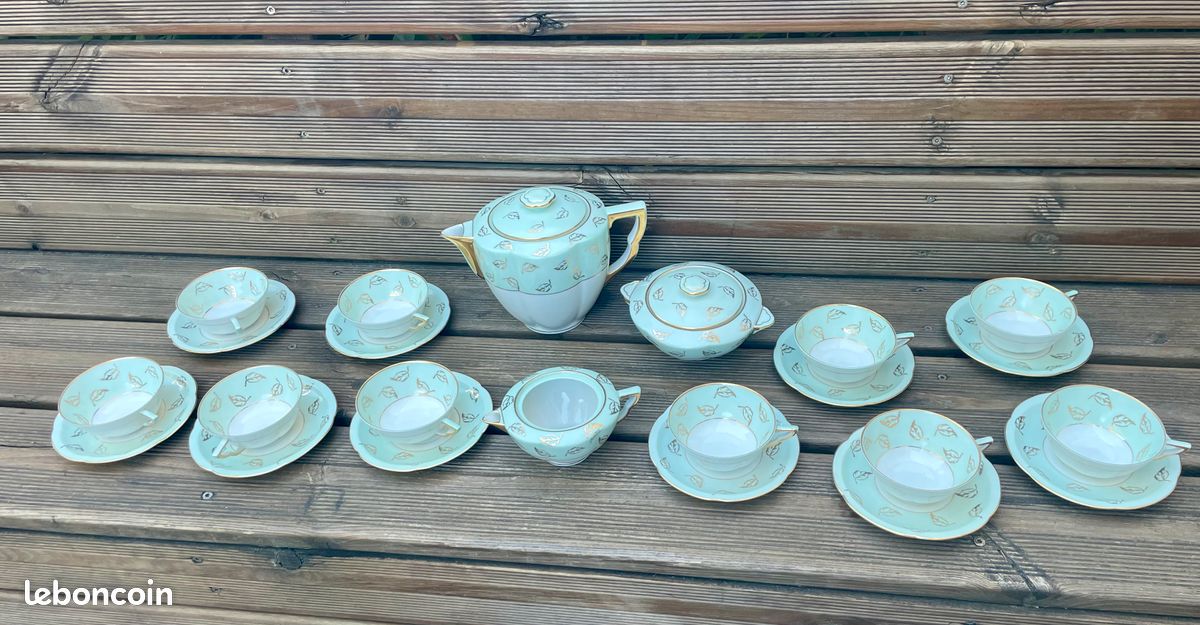 Ancien SERVICE à THE ou CAFE Art Déco Porcelaine Limoges Charles Ahrenfeldt Vert d’eau et Or (image 1)