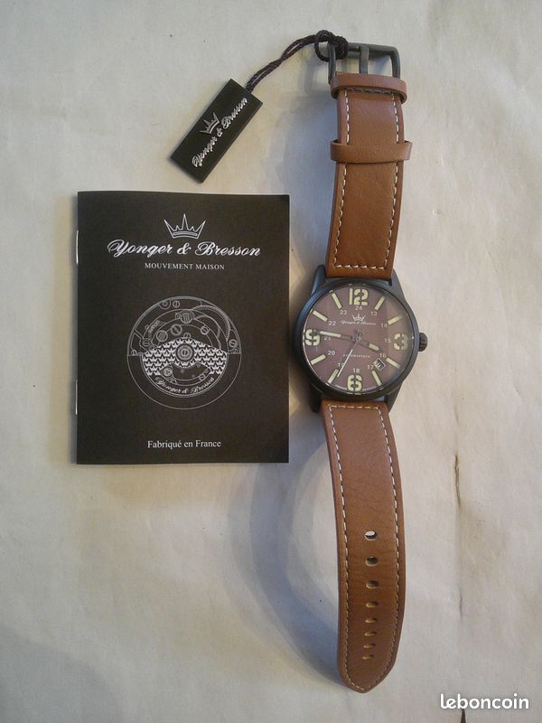 Montre Homme Vintage YONKER & Bresson - Cadran Noir, Bracelet Cuir - Mécanisme Quartz, à Réviser (pile à Changer)