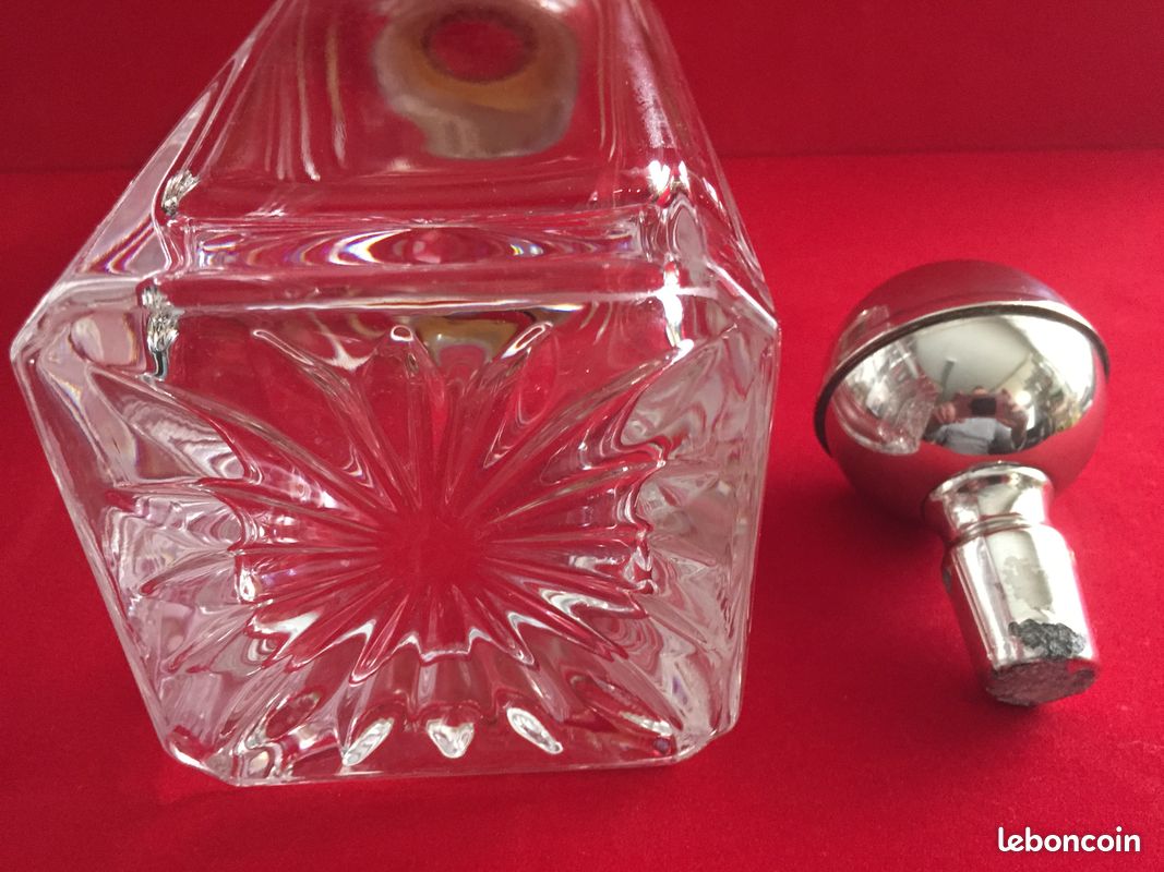 ANCIENNE CARAFE CRISTAL COL BOUCHON PLAQUE ARGENT WHISKY BOURBON COGNAC PORTO Art (image 8)