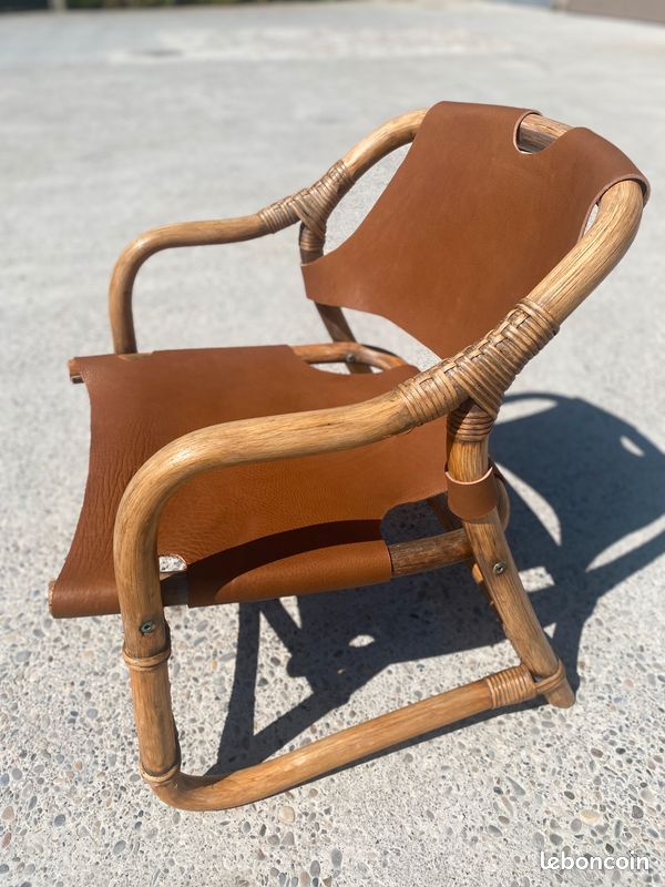 Fauteuil safari mid-century en bambou et cuir, danemark, 1960s (image 1)