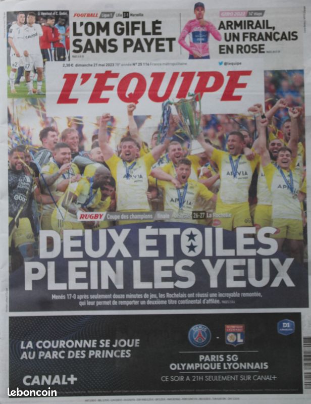 L'Equipe du 21/05/2023 - Fabuleux La Rochelle renverse Leinster 27-26 - Armirail (image 1)