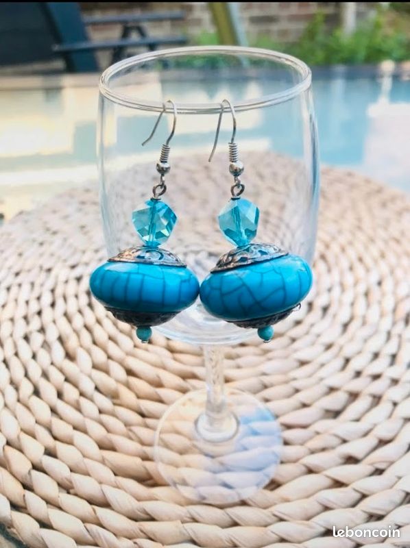 🇫🇷 Création artisanale unique Boucles d'Oreilles Turquoise Bohème Chic Perles Fantaisie Ethnique (image 3)
