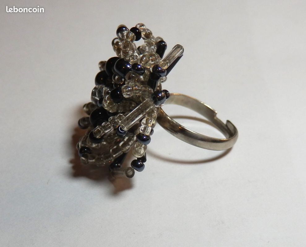 Bague Artisanale Créateur - Cristaux Gris Noir Irisés Et Perles De Rocaille Cuivré - Taille 54