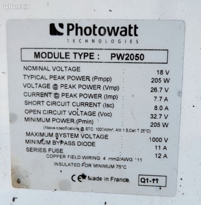 Panneaux Solaires Photowatt 205W Poly 24V (image 2)