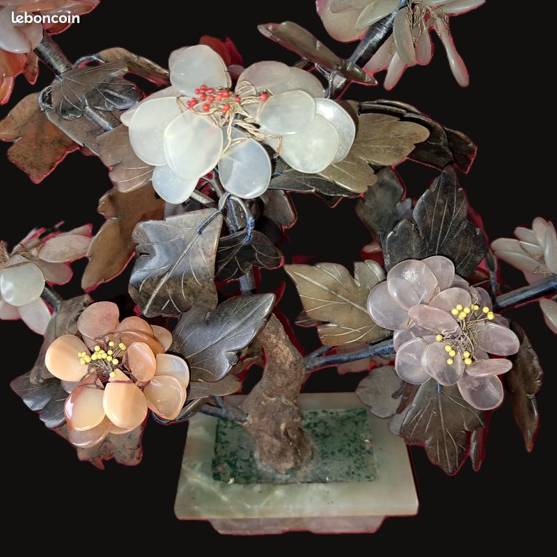 Exceptionnel ancien grand arbre en fleurs 29 cm en pierre dures cache pot en jade artisanat chinois en parfait état (image 11)