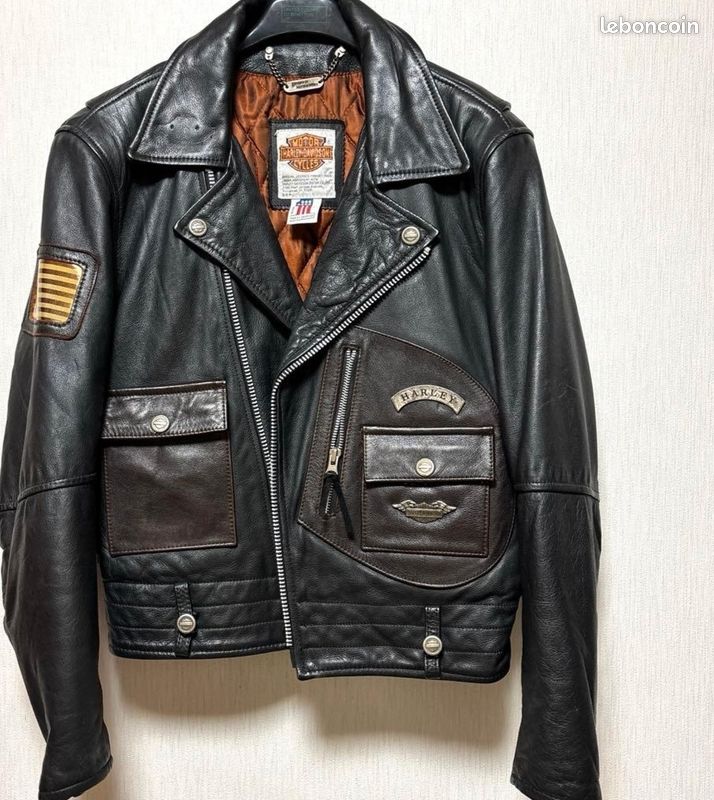 Veste Moto Perfecto Harley-Davidson En Cuir Véritable - Taille M, Noire, Vintage