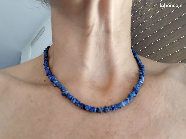 Collier Vintage En Lapis Lazuli Et Cornaline - Bijou Ancien Sans Marque - Occasion Porté