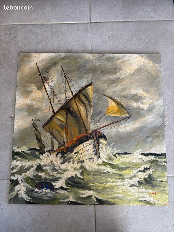 Coffre à Bijoux Ancien En Bois Fait Main - Décor Tableau Marin Voilier, Vintage