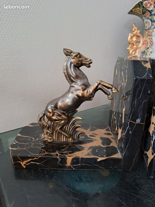 Serre-livres Tête De Cheval En Onyx Marbre - Art Déco Ancien