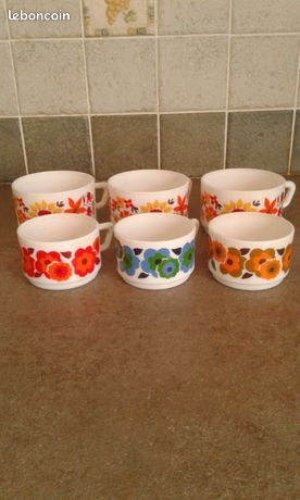 Lot de 6 tasses café motifs floraux colorés Arcolpal vintage