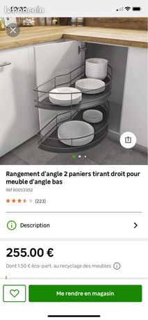 Rangement d'angle, 2 paniers tirant droit pour meuble d'angle bas