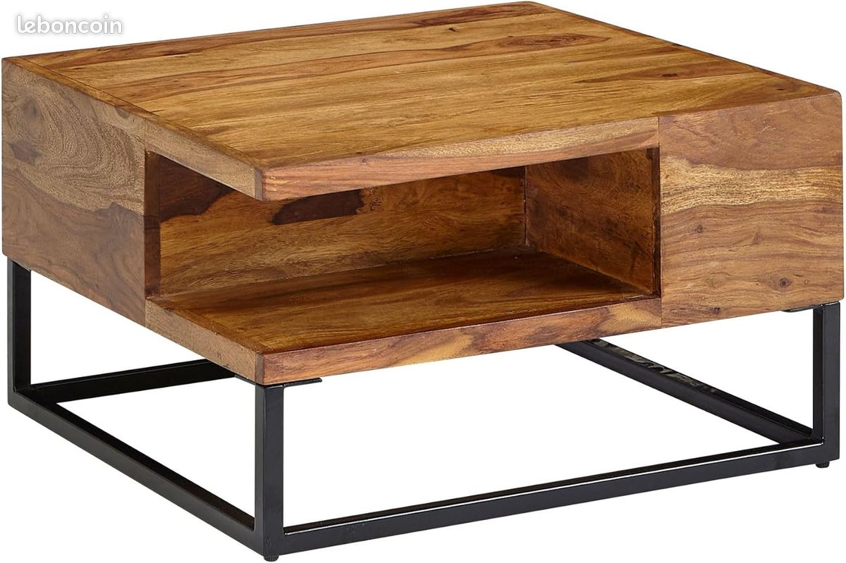 Table Basse Artisanale en Bois de Sheesham Massif – 60x60 cm – Design Industriel avec Compartiment de Rangement – Piétement Acier Noir (image 1)