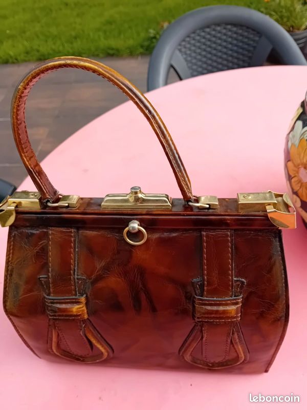Sac à main en cuir marron forme trapèze | Sac à main vintage