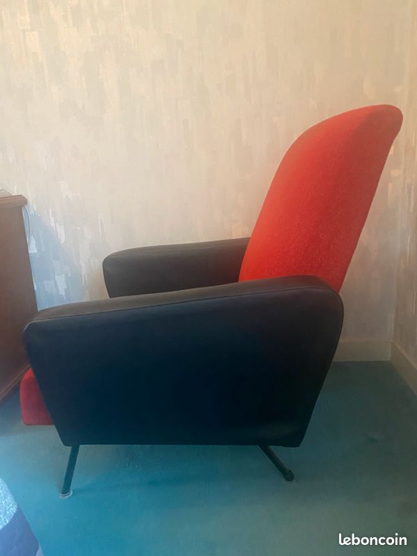 Lot de 2 Fauteuils vintage en tissu rouge et noir Années 60 (image 2)