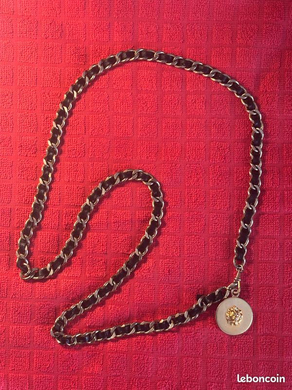 Ceinture vintage chaîne métal doré bande cuir noir (image 1)