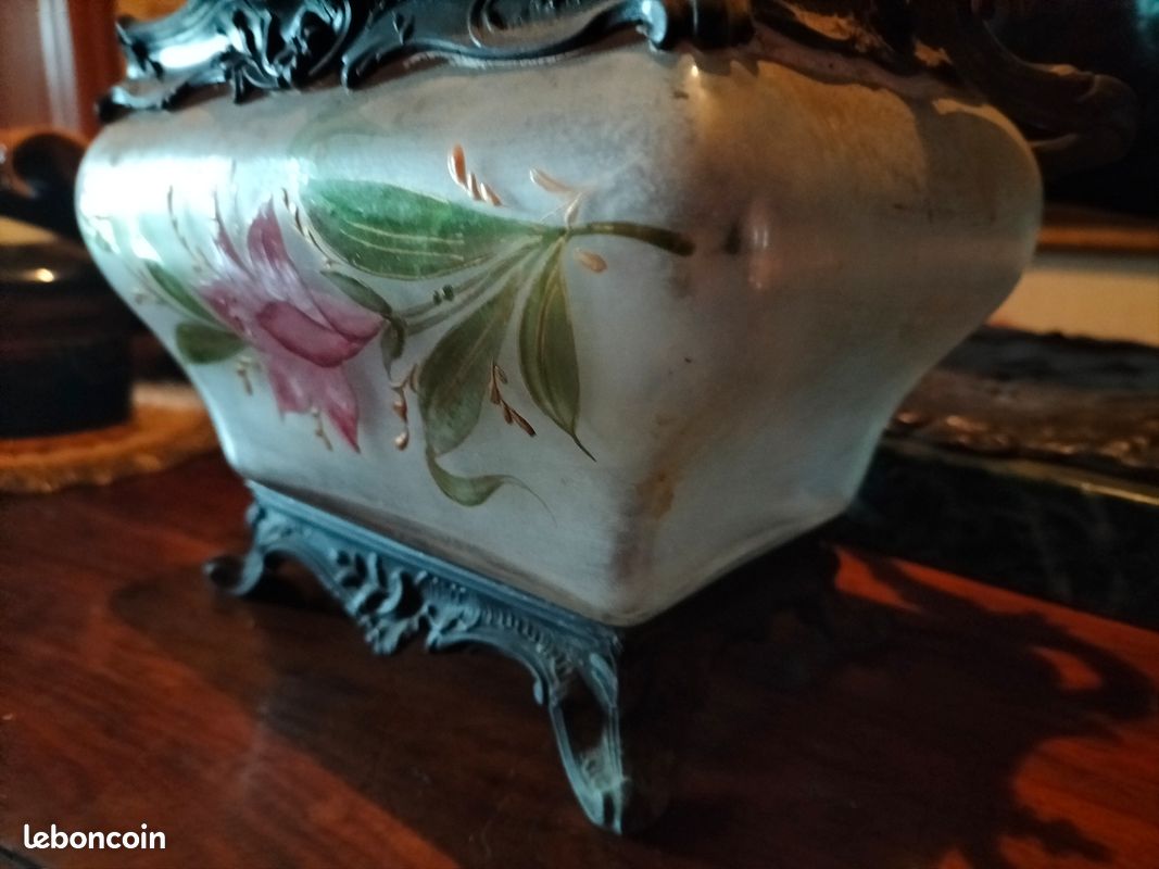 Magnifique Seau à biscuits en verre émaillé Legras pot rectangle monture Rocaille Louis XV / rare forme tombeau collection objet vitrine (image 7)