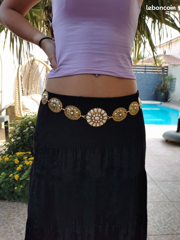 Ceinture à Chaîne Grande Taille Pour Femme - Chaîne De Taille Perles Or Et Noir - Modèle Extra Longue Réglable Jusqu'à 59 Pouces