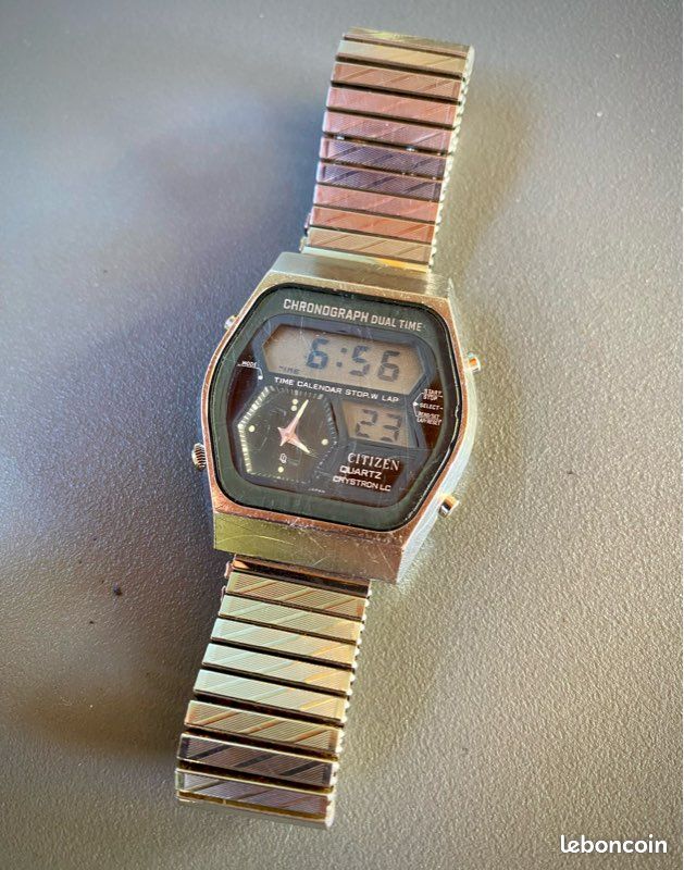 Montre lcd vintage Citizen chronograph dual time ana digi Crystron