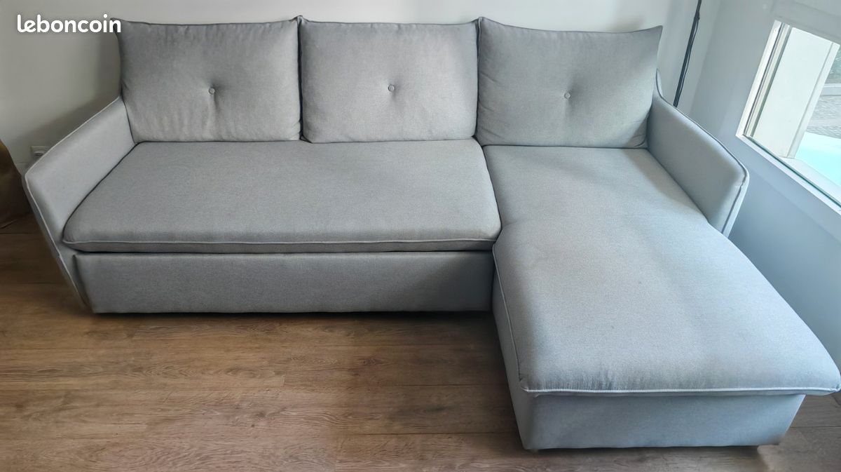 Canapé d’angle convertible + coffre de rangement – Bon état d’usage – Gris clair (image 1)