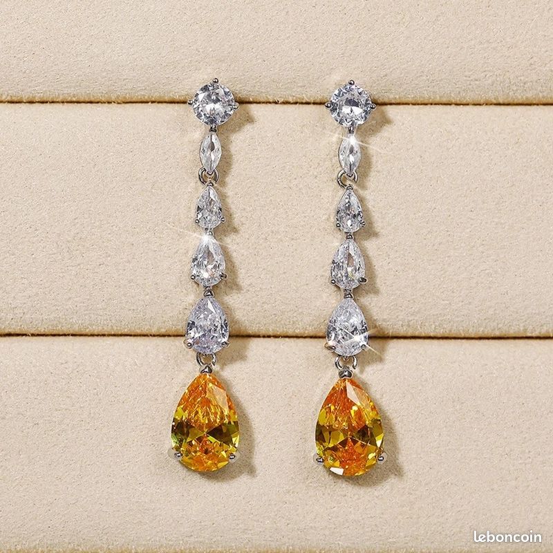 Boucles D'Oreilles Zirconium Bicolore Plaqué Or Blanc - Luxe Avec Pochette