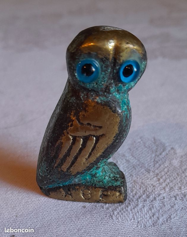 Statuette Chouette, figurine Chouette Effraie - Bronze Bleu- Statuettes